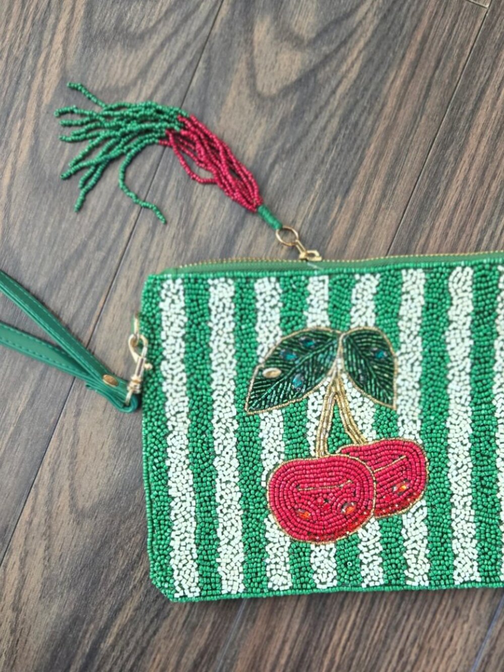 SINCERELY JULES Cherries & Stripes Beaded Wristlet Pouch NWOT